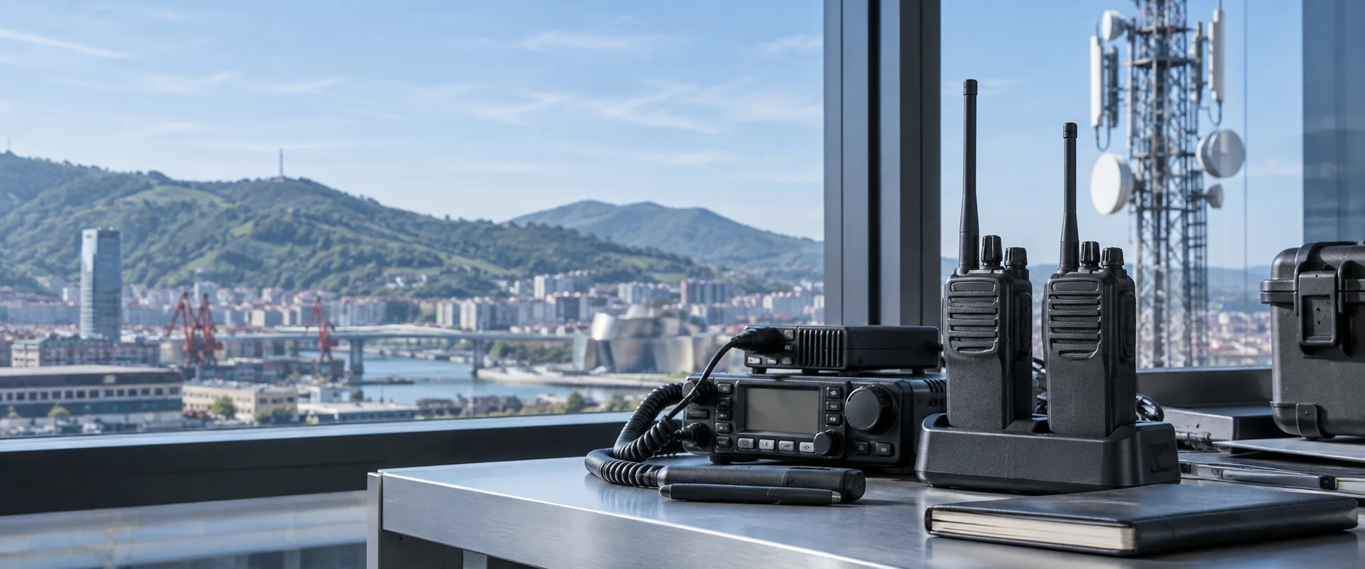 Equipos profesionales de radiocomunicación con Bilbao al fondo